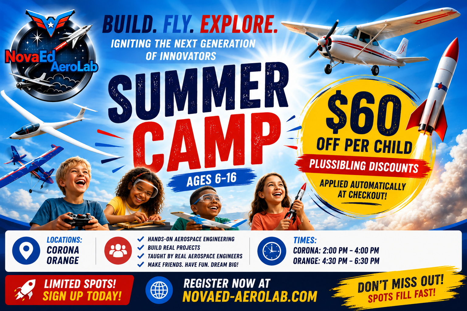 NovaEd AeroLab Summer Aerospace Camp 2026 — Ages 6-16, $450 with $60 coupon and Siblings Discount available